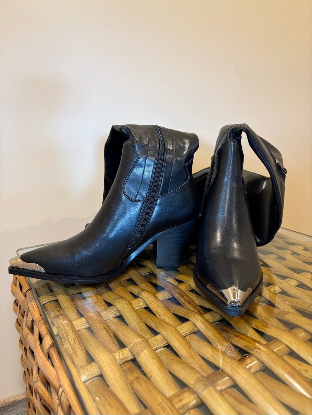 Over-the-Knee Black Leather Boots with Metallic Toe Accent, Women’s size 8/39